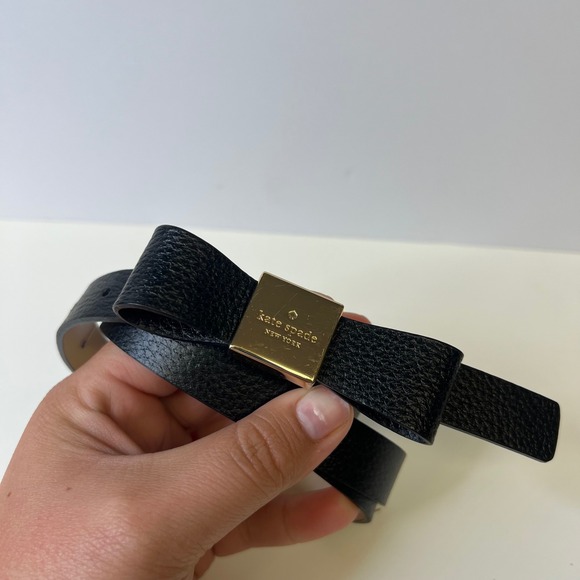 kate spade Accessories - Kate Spade New York Black Pebbled Leather Skinny Bow Belt Gold Buckle Medium